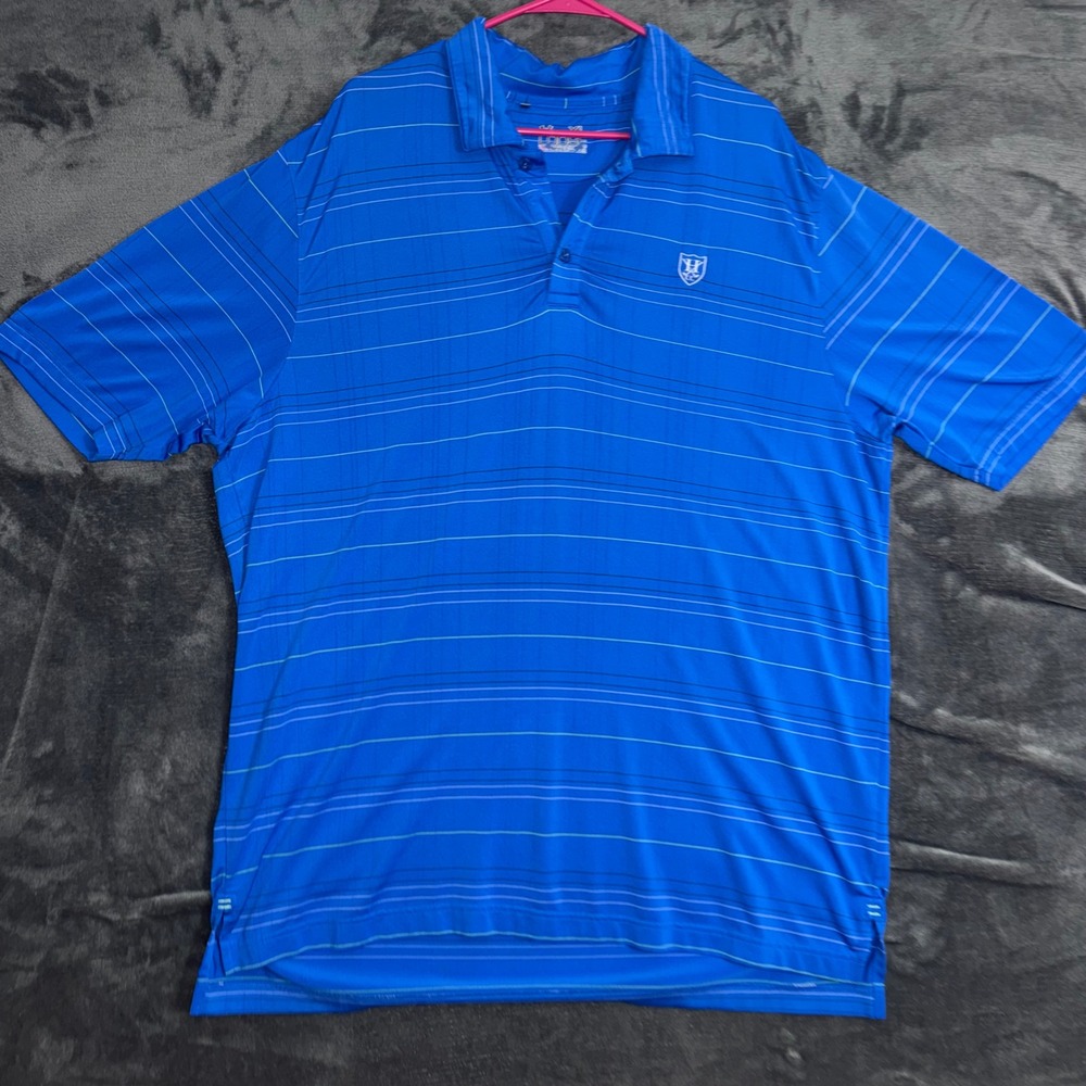 Men's XL Under Armour Polo Shirt Blue Excellent Striped HeatGear Golf Top